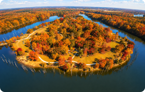 An aerial view of Jackson Lake Island in autumn