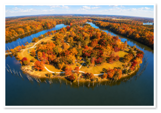 An aerial view of Jackson Lake Island in autumn