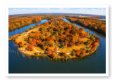 An aerial view of Jackson Lake Island in autumn