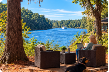 Working on the compputer while enjoying the view Roses RV River Resort